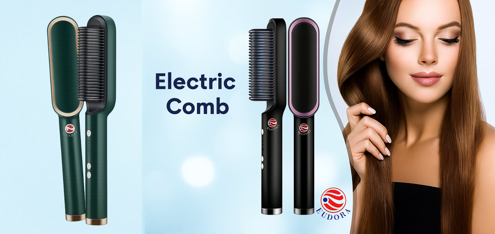 Electric comb with branding on a light blue background, featuring a model with long hair.